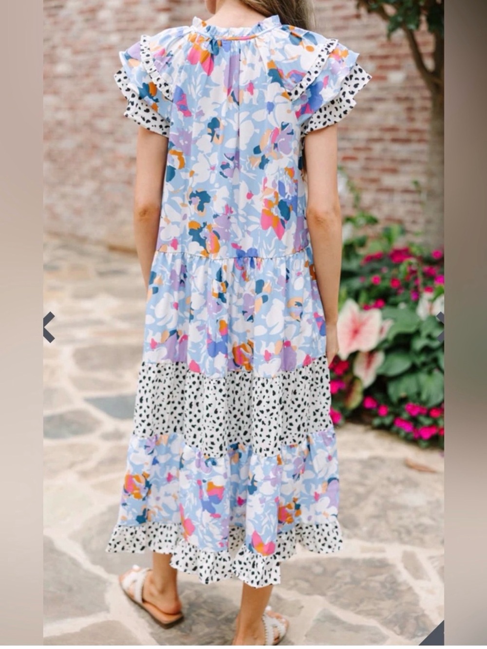 Umgee nwt ptp 19” Floral Tiered Midi Dress in Pastel Blue/black dots - Picture 2 of 9